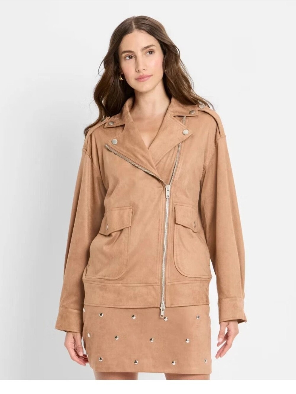 Future Collective Women's Suede Relaxed Moto Jacket Brown Oversized Size M